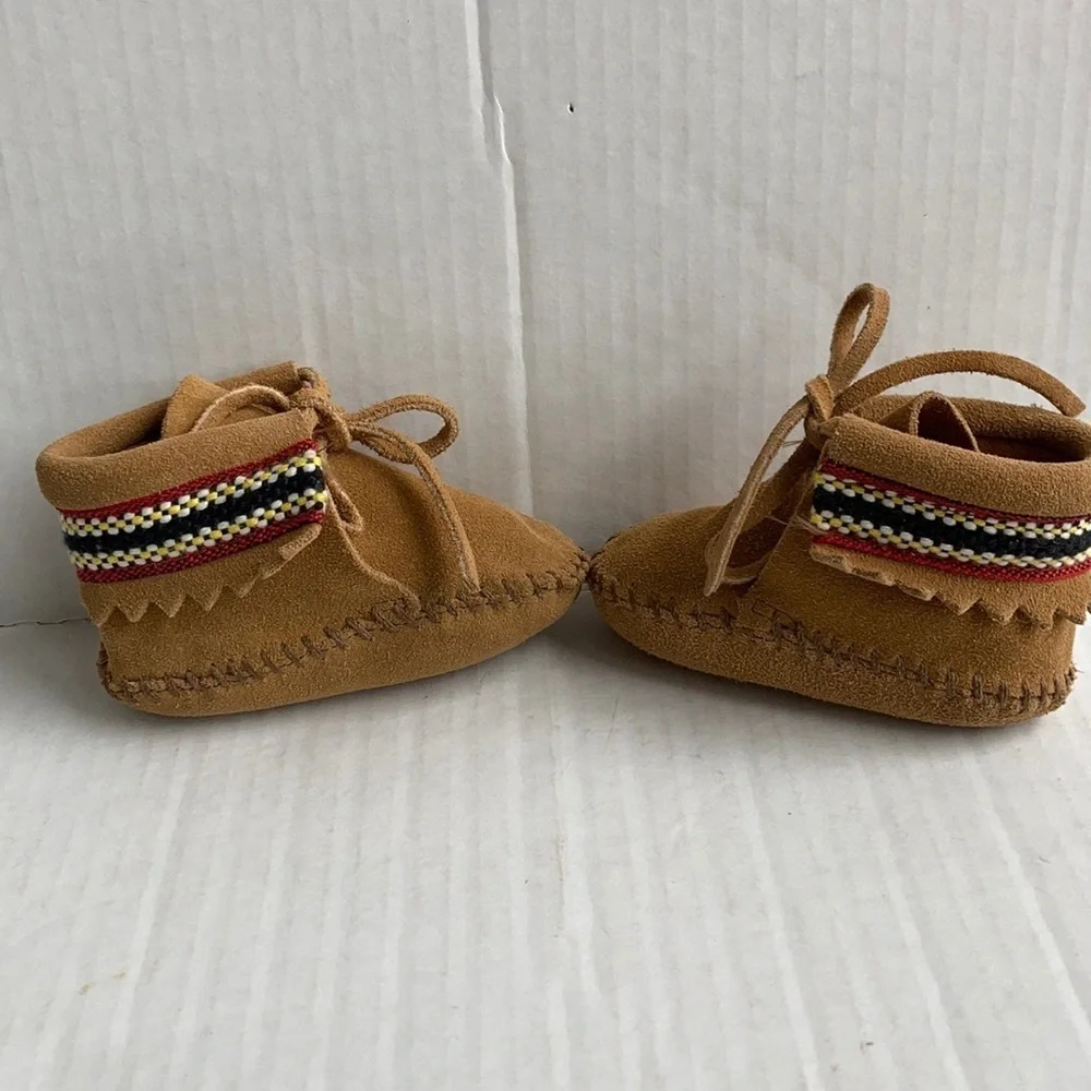 Baby Minnetonka Moccasin brown suede yellow black red braided booties with tie
